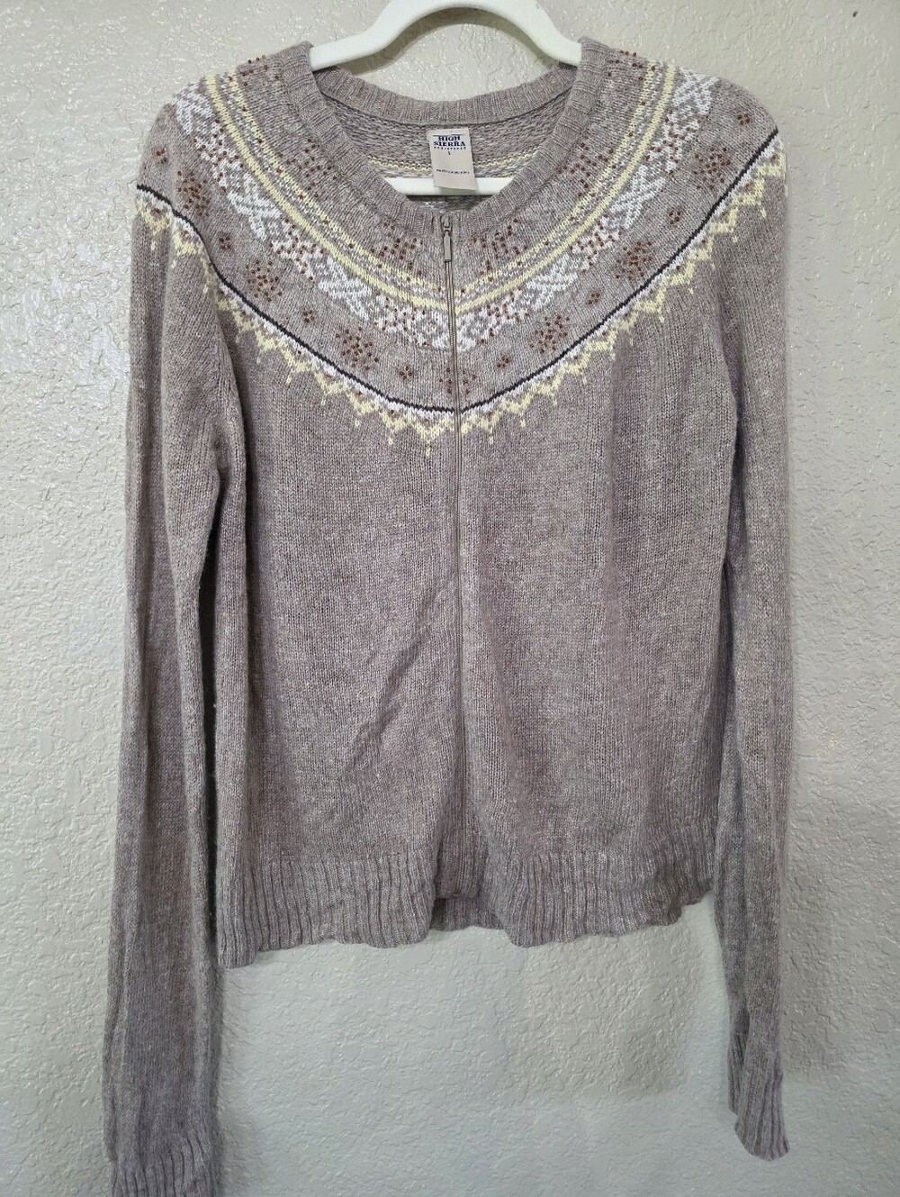 High Sierra Taupe Zip-Up Fair Isle Yoke Wool Blend Cardigan